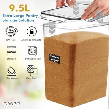 Shazo 2 PC (9.5L | 321 Oz) Extra Large Bulk Food Storage Containers with Airtight Lids for Flour, Sugar, Rice, Cereal & Pasta - Leakproof, BPA-Free Plastic Canisters for Kitchen & Pantry Organization - Image 4