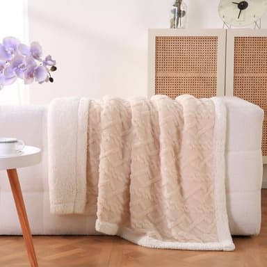 PU MEI Sherpa Throw Blanket for Couch Sofa 90”*80”- Fleece Tufted Fuzzy Soft Cozy Blanket for Bed, Thick Warm Blanket for All Seasons, (Off White, 80"*90") - Image 5