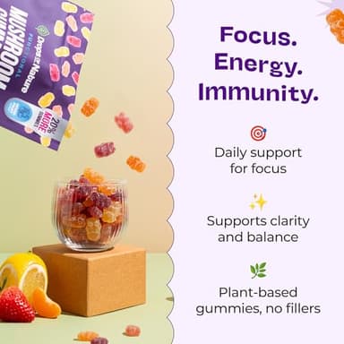 Ashwagandha Gummies and Lions Mane Mushroom Gummies Supplement - Organic - Reishi, Cordyceps, Turkey Tail, Maitake, Shitake, Chaga - Immune Defense, Boosts Cognitive Performance, Vegan, Low Carb - Image 4