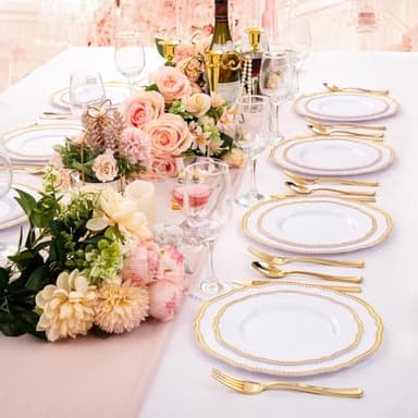 Hioasis 60pcs Gold Plastic Plates - White and Gold Disposable Dinnerware with Gold Rim, Heavy-duty, 10.25 inch, Dinner Plates for Party & Wedding - Image 9