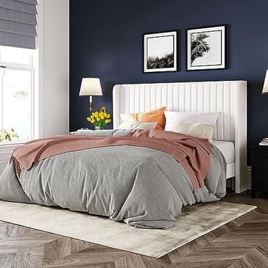 Allewie Full Size Velvet Bed Frame/Vertical Channel Tufted Wingback Headboard/Upholstered Platform Bed/Strong Wooden Slats/No Box Spring Needed/Easy Assembly/White - Image 3