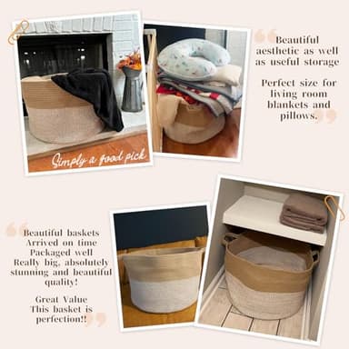 INDRESSME Extra Large Woven Baskets for Storage, 21.7'' x 13.8'' Wicker Basket with Handle for Blankets, Big Laundry Baskets for Clothes, Pillows, Towel, Shoe Basket for Entryway, 90L White Jute - Image 5