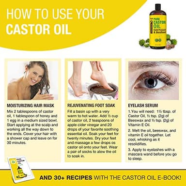 Pure Cold Pressed Castor Oil - Big 32 fl oz Bottle - Unrefined & Hexane Free - 100% Pure Castor Oil for Hair Growth, Thicker Eyelashes & Eyebrows, Dry Skin, Healing, Hair Care, Joint and Muscle Pain - Image 7
