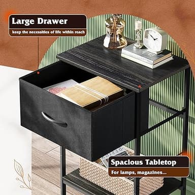 WLIVE Night Stand Set 2, Black Nightstand with Fabric Storage Drawer and Open Wood Shelf, Nightstand Set of 2 with Steel Frame, Side Table for Bedroom, Dorm, Charcoal Black, 25.03" Height - Image 5