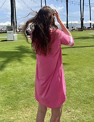 Ekouaer Womens Nightgown Cotton Sleepwear Short Sleeve Sleep Shirt V Neck Color Block Nightshirt M Hot Pink - Image 4