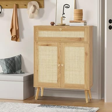 Iwell Storage Cabinet with Adjustable Shelf, Rattan Cabinet with Large Drawer, Sideboard Bufffet Cabinets, Bathroom Storage Cabinets, Accent Cabinets for Entryway, Natural - Image 2
