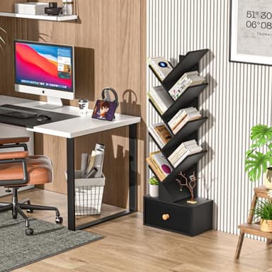 SHEEPAM 8 Tier Tree Bookshelf with Drawer, Free Standing Wood Bookcase for Living Room, Bedroom, Home Office, Space Saving Storage Organizer Bookshelves for Books, CDs, Vinyl Records- Black - Image 7