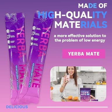 Yerba Mate Instant Tea Powder - Raspberry Peach Flavor - Gut Health & Clean Energy Super Drink with Nootropics, Prebiotics & Probiotics - Energy Boost & Focus - 30 Sticks (300g) - Image 4