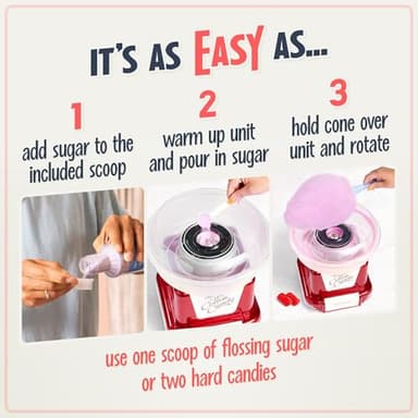 Nostalgia Cotton Candy Machine - Retro Cotton Candy Machine for Kids with 2 Reusable Cones, 1 Sugar Scoop, and 1 Extractor Head – Red - Image 4