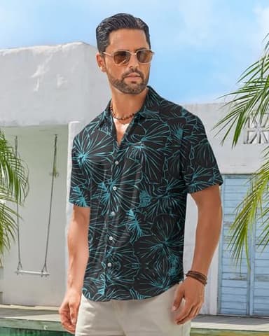 BOJIN Men's Hawaiian Wrinkle Free Short Sleeve Button Down Tropical Floral Beach Vacation Shirt A025 Blue Lines Flowers Black L - Image 2