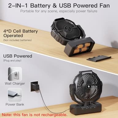 Battery Operated Fan [200H Max], 2 in 1 D-Cell Battery & USB Powered Fans, Portable Camping Fan with 4 Speeds, Light, Timer, Remote for Outdoor Tent, Travel, Picnic, Office, Bedroom - Black - Image 2