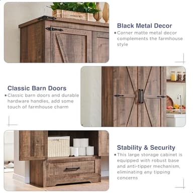 Farmhouse Kitchen Pantry Cabinet - 72" Tall Wood Kitchen Storage Cabinets with Adjustable Shelves & 2 Barn Doors & Drawer, Versatile Storage for Dining Room, Bathroom, Utility Room, Light Brown - Image 4