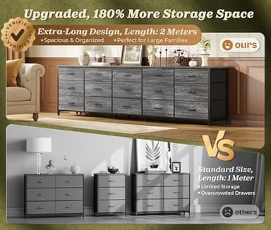 Huuger 78.7 inch Long Dresser for Bedroom, 15 Drawer Fabric Dresser for Closet, Large TV Stand for 65, 75, 85 inch TV, Wide Chest of Drawer with Storage, 78.7" W x 12.9" D x 26.7" H, Grey - Image 4