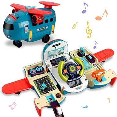 Dwi Dowellin Airplane Car Toy,Steering Wheel Toys for 3 4 5 6 Year Old Boys&Girls with Sound and Light,Toddler Educational Plane Driving Toy Gift for Kids Aged 3+, Blue - Image 1
