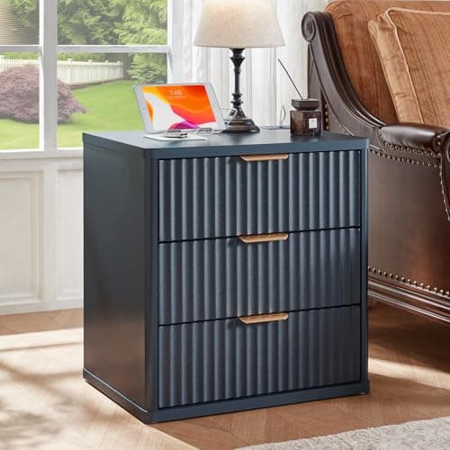 LEYAOYAO 23" Wide Fluted Night Stand with Charging Station, 3 Drawers Large End Table with Storage, Navy Blue Nightstand Wood Bedside Tables, Farmhouse Cabinet Dresser for Bedroom,Closet - Image 1