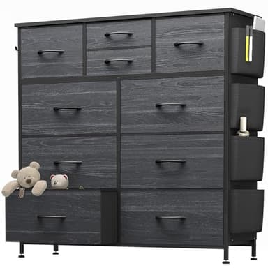 YaFiti Dresser for Bedroom with 10 Drawers, Chest of Drawers with Side Pockets, Hooks, Wooden Top and Sturdy Metal Frame, Fabric Dresser Drawers for Living Room, Hallway (Black Wood Veins) - Image 1