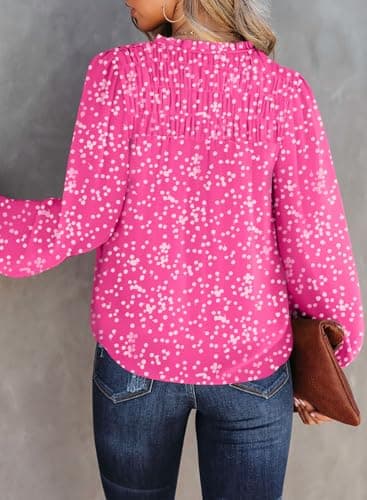 Dokotoo Womens Work Business Chiffon Blouses and Tops Loose Fit Dressy Alicia Floral Print V Neck Smocked Long Sleeve Shirts for Women Office Boho Top Trendy Pink Large - Image 3