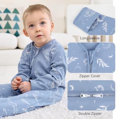 FIEMOL Baby Sleep Sack 6-12 Months, Long Sleeve Baby Wearable Blanket 0.5 Tog with Mittens, 2-Way Zipper Infant Cotton Sleeping Sack for Boy and Girl Blue Stars 2 Pack (Medium) - Image 3