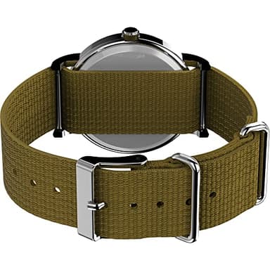 Timex Unisex Weekender 38mm Watch – Silver-Tone Case White Dial with Olive Fabric Slip-Thru Strap - Image 4