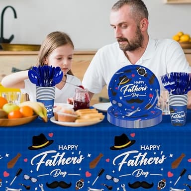 Childom Fathers Day Decorations for Party,132 Pcs Disposable Fathers Day Plates Tablecloth Cups Knives Spoons Forks for Party Supplies,Plates Tableware for Dads Birthday,Home,Brunch,Dinner,Serves 26 - Image 5