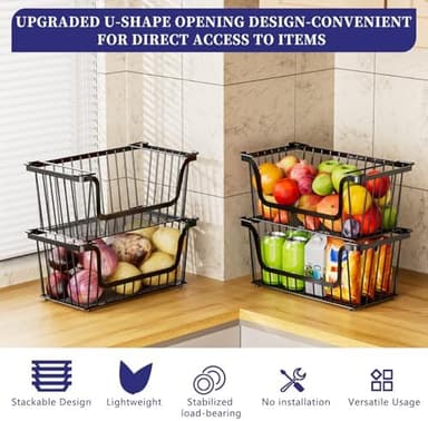 ANJUBAN 4 Pack Enhanced Leak-Proof Bottom Stackable Wire Baskets, Pantry Organizers and Storage, pantry storage，Shelf Baskets, Fruit Basket, Potato and Onion Storage Bins，(Black - Image 5