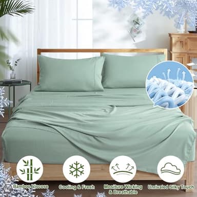 PHF Cooling Sheets Set King Size, Rayon Derived from Bamboo & Polyester, Breathable & Wrinkle Free Silky Soft Bedding Sheets, Wider Elastic Band, 16" Deep Pocket Bedding Set & Pillowcase, Sage Green - Image 3