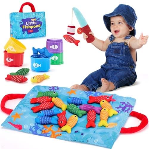 Toddler Toys Montessori Toys for 1 Year Old Boy Girl Birthday Gift -10 in 1 Cloth Fishing Game for Toddler Christmas Gifts 1-3 with Stacking Cups- Number Counting, Color Sorting, Shape Learning - Image 1