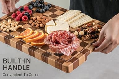 THETCHRY Cutting Boards for Kitchen, Checkered Cutting Board Upgraded, Acacia Wood Chopping Board with Juice Grooves & Handles, Large Butcher Block Serving Tray with Gift Box, 16.5" x 11.6" x 0.8" - Image 4
