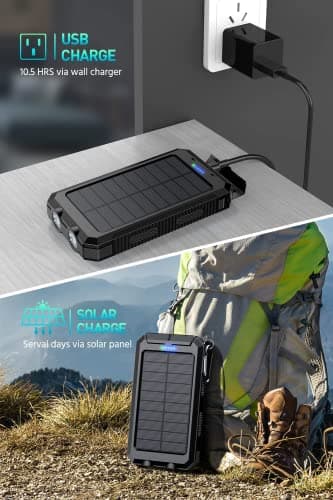 Mregb Power Bank,Solar Charger,36800mAh 5V3.1A QC 3.0 Dual 2 USB Port Built-in Powerful Flashlight IPX7(Black) - Image 3