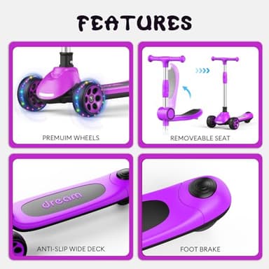 Kids Kick Scooter,Adjustable Height Handlebars and Removable Seat Scooters for Kids,3 Lighted Wheels Anti-Slip Deck Toddler Scooter for Boys & Girls Aged 3-12 up to 132 Lbs. - Image 3