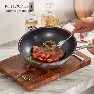 KITEXPERT Non Stick Wok Pan with Lid,12" Titanium Ceramic Pan Nonstick Stainless Steel Stir-fry Pans, PFAS PFOA & PTFE Free, Quick-Cool Handle, Dishwasher & Oven Safe, Compatible with All Cooktops - Image 2