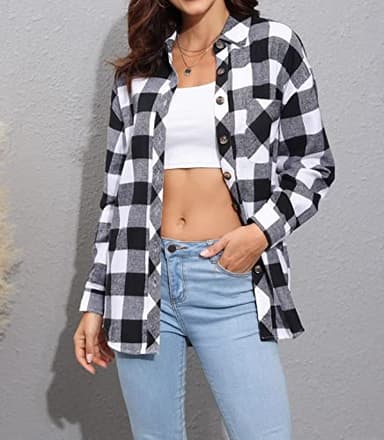 Lacozy Women Buffalo Plaid Flannel Shirt Long Sleeve Collar Button Down Blouses Tops Black White XL - Image 3
