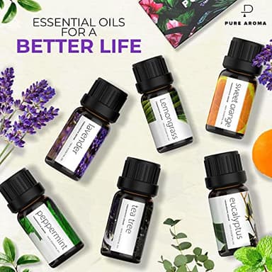 Essential Oils Set by Pure Aroma - Top 6 Aromatherapy Oils Gift Set-6 Pack, 10ml (Eucalyptus, Lavender, Lemongrass, Sweet Orange, Peppermint, Tea Tree) - Image 2