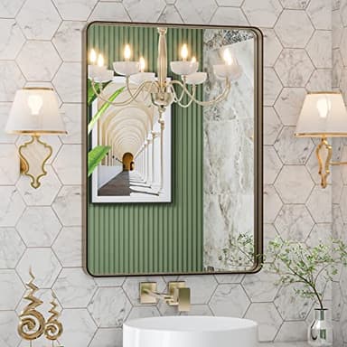 LOAAO 22”X30” Bronze Bathroom Mirrors for Vanity, Rounded Rectangle Brushed Bronze Metal Frame Mirror, Anti-Rust, Hangs Horizontally or Vertically - Image 1