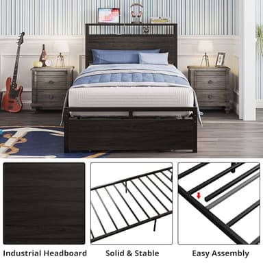 LIKIMIO Twin XL Bed Frames with Drawer, Storage Headboard with Outlets, No Box Spring Needed, Easy Assembly, Gray Black - Image 3