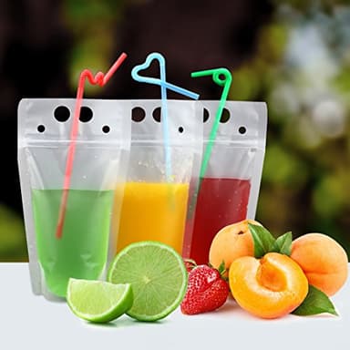 100 Pcs Drink Pouches with 100 Straw Holes, Freezable Juice Pouches, Translucent Reclosable Zipper Plastic Pouche Drink Bags for Cold & Hot Drinks for Adults and Kids - Image 4