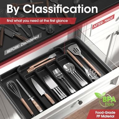 Aujen Silverware Organizer - Expandable Kitchen Drawer Organizer, Adjustable Utensil Organizer, Cutlery Tray for Forks, Knives, Multipurpose Kitchen Organizers and Storage Solution, Black, Medium - Image 2