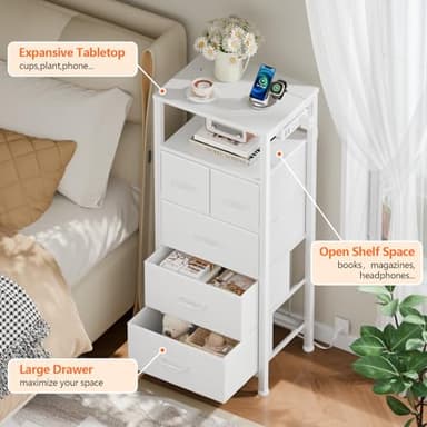 Furnulem Dresser for Bedroom, Tall Nightstand, Vertical Chest with Wood Top, Charging Station, LED Lights, 5 Fabric Bins, Bedside Table with Shelf, Furniture for Entryway (5 Drawer, White) - Image 4