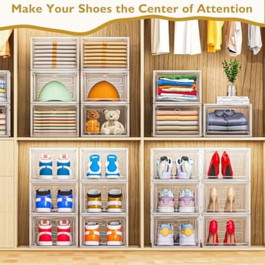 Thicken & Sturdy Clear Shoe Storage Organizer with Magnetic Door, Stackable Boxes for Closet, Foldable Space-Saving Shoe Rack for Sneaker Boot Container, Plastic Shoe Cabinet Shoe Box 6 Pack, White - Image 2