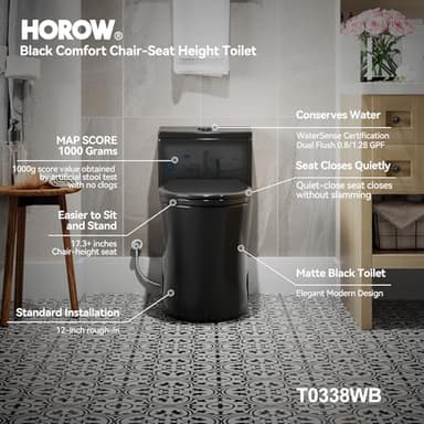 HOROW T0338WB Elongated One Piece Toilet Black, Compact Modern Toilet with Comfortable Seat Height, ADA Chair Height 17.3", Power Dual Flush 0.8/1.28 GPF & MAP 1000g, Matte Black, 12" Rough-in - Image 3