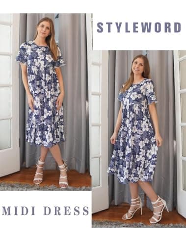 STYLEWORD Women's Summer 2025 Casual Short Sleeve Tiered Flowy Spring Dress Long Midi Beach Sundress Vacation Outfits(Floral05,L) - Image 3