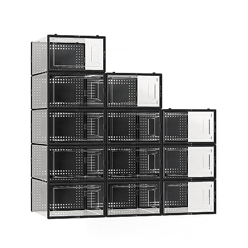 12 Pack X Large Shoe Storage Organizer for Closet, Modular Space Saving Shoe Boxes Clear Plastic Stackable Containers Display Case Bins with Lids, Black - Image 1