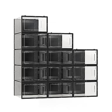 12 Pack X Large Shoe Storage Organizer for Closet, Modular Space Saving Shoe Boxes Clear Plastic Stackable Containers Display Case Bins with Lids, Black - Image 1