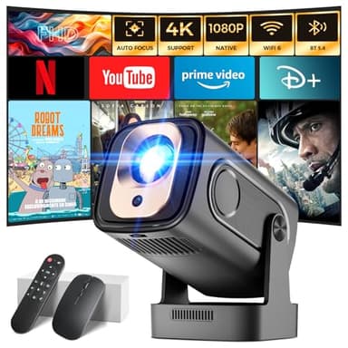 Projector [Auto Focus & 1080P Native & Built-in Apps] Projector 4K Support Auto Correction WiFi 6 Bluetooth 5.4 Mini Portable Projector Compatible with HDMI/TV Stick/Memory Stick/Laptop, Black - Image 1