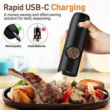 Electric Salt and Pepper Grinder Set-Rechargeable Automatic Pepper Mill Grinder with LED Christmas Gifts for Women, USB Adjustable Coarseness shakers, One-Hand Operation for Kitchen Gadgets - Image 3