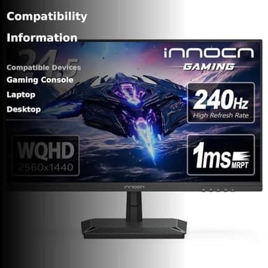 INNOCN 24.5" 1440P QHD 2K Gaming Monitor, 240Hz PC Computer Desktop Monitor, IPS, HDMI 2.1, DisplayPort, FreeSync, Console Ready, 1ms, MPRT, Eye Care, Flicker-Free, Speaker, 25G2S - Image 3