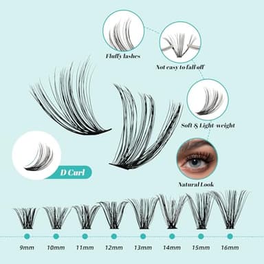 Lash Extension Kit 320Pcs,DIY Individual Lashes Clusters Kit,Lash Bond And Seal,Lash Remover For Eyelashes Extensions,Lash Applicator Tool For False Eyelash Cluster Kit At Home(40D50D,D-Mix9-16mmKit) - Image 3