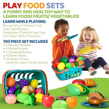100 PCS Cutting Play Food Toy for Kids Kitchen, Pretend Food Toys for Toddlers, Play Kitchen Toys Accessories with 2 Baskets, Fake Food/Fruit/Vegetable, Birthday Gifts for 3 4 5 Years Old Boys Girls - Image 7