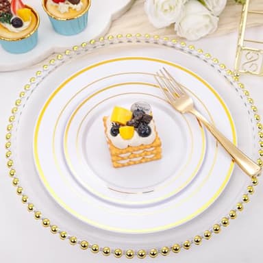 bUCLA 600Pcs Gold Dinnerware Set for 100 Guests - White and Gold Plastic Plates Disposable for party Include 100 Dinner & 100 Dessert Plates,100 Cups,100 Forks,100 Spoons,100 Knives - Image 3