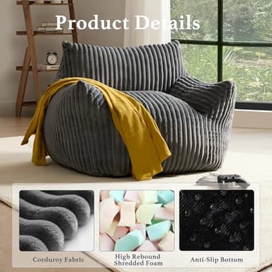 Giant Plush Bean Bag Chair for Adults with Armrests - Oversized Comfy Grey Beanbag Lounge Lazy Floor Sofa Accent Chair for Living Room, Bedroom & Dorm, Cozy Fluffy Single Cloud Mini Couch - Image 3